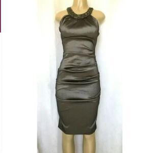 Cache Dress Metallic Ruched Sheath Embellish Neck Size 6